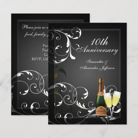 Zwart-witte zilveren champagne-jubileumfeest kaart (Voorkant / Achterkant)
