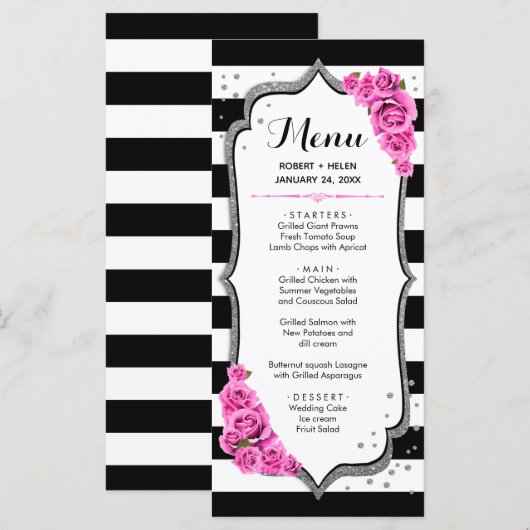 Zwart Witte Zilveren Roze Menu Kaart (Voorkant / Achterkant)