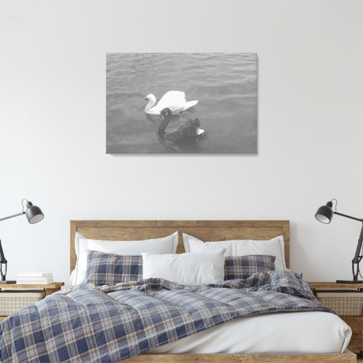 Zwart-witte zwaan op een meer canvas afdruk (Insitu (Slaapkamer))