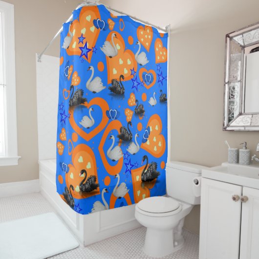 Zwart-witte zwitjes Oranje hartschotelgordijn Douchegordijn (In situ)