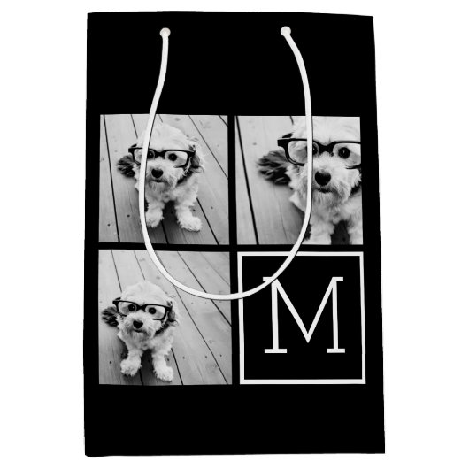 Zwart-witteinkfotocollage met monogram medium cadeauzakje (Voorkant)