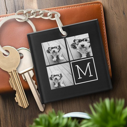 Zwart-witteinkfotocollage met monogram sleutelhanger
