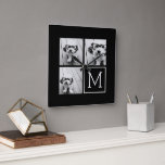 Zwart-witteinkfotocollage met monogram vierkante klok<br><div class="desc">Gebruik 3 vierkante foto's om een uniek en persoonlijk cadeau te creëer. Of je kunt de hipster puppy houden en een trendy keepslag maken. Als u de afbeeldingen moet aanpassen,  klik op het aanpassingshulpmiddel om veranderingen aan te brengen.</div>