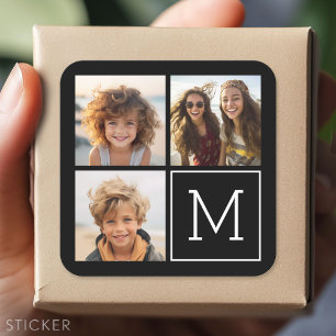Zwart-witteinkfotocollage met monogram vierkante sticker
