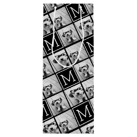 Zwart-witteinkfotocollage met monogram wijn cadeautas (Achterkant)