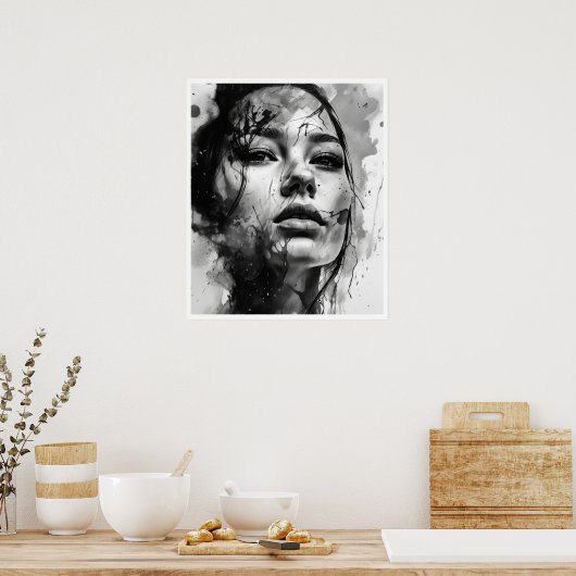 Zwart-wittekening van een vrouwengezicht poster (Keuken)