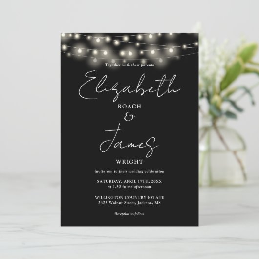 Zwart-wittekenreekslampjes chic-script bruiloft kaart (Staand voorkant)