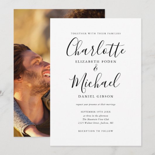 Zwart-wittekenscript Fotobruiloft Kaart (Voorkant / Achterkant)