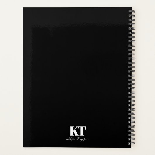 Zwart-wittekenscript minimalistisch monogram planner (Achterkant)