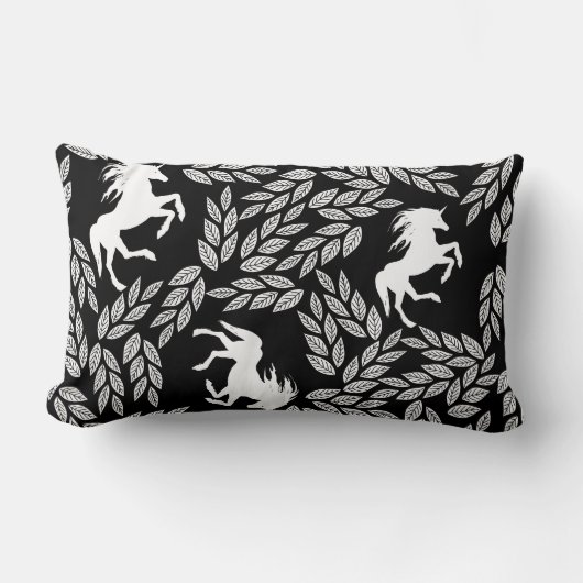 Zwart-wittewit Unicorn & Floral Pattern Kussen (Voorkant)