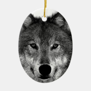 Zwart-witwerk met Wolf Keramisch Ornament