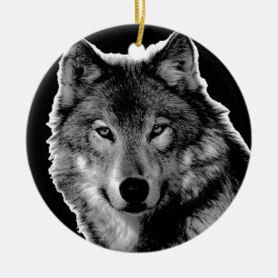 Zwart-witwerk met Wolf Keramisch Ornament