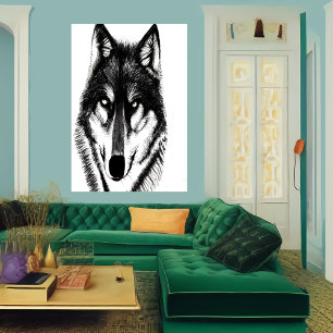 Zwart-witwolportret AI Art Poster