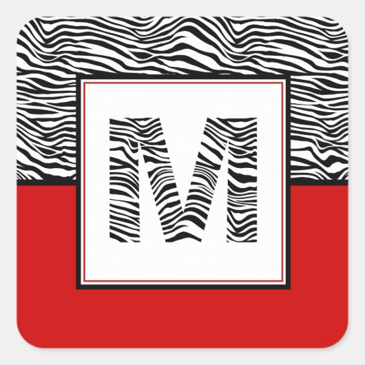 Zwart-witzebra Afdrukmonogram | Rood Vierkante Sticker (Voorkant)