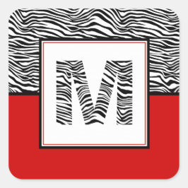 Zwart-witzebra Afdrukmonogram | Rood Vierkante Sticker
