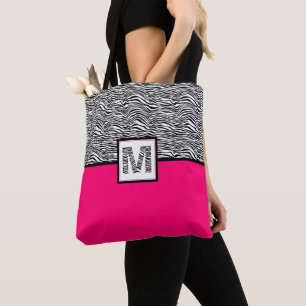 Zwart-witzebra Afdrukmonogram Roze warme roze Tote Bag