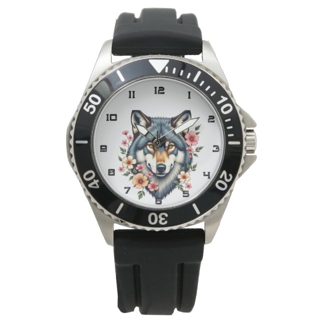 Zwart  Wolf Bloemen Lederen Horloge (Voorkant)