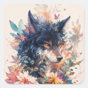 Zwart-Wolf Portret met Herfstbladeren Vierkante Sticker