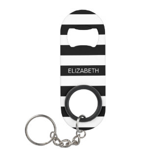 Zwart WT Horizontale Preppy Streep #2 Naam Monogra Sleutelhanger Flessenopener