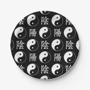 Zwart Yinyang Symbool Chinees Tekstpatroon Papieren Bordje