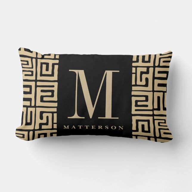 Zwart|Zand Kuba Print Geïnspireerde Monogram Kussen (Voorkant)