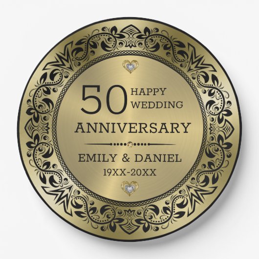 Zwart zand lijst 50ste trouwdag papieren bordje (Voorkant)