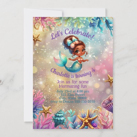 Zwart Zeemeermin Leuke Verjaardag Meisje Uitnodigi Kaart (Voorkant)