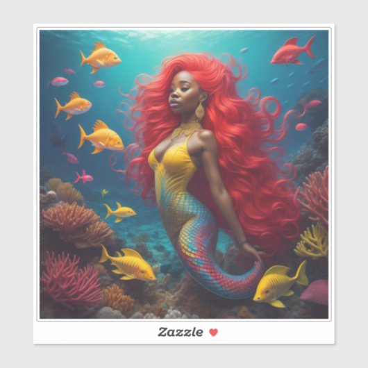 Zwart Zeemeermin Oranje haar Sticker (Vel)