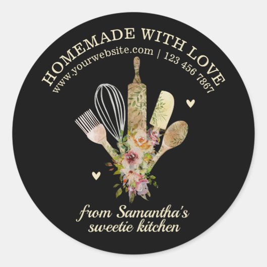 Zwart Zelfgemaakt met liefde Catering Bakkerij Che Ronde Sticker (Voorkant)