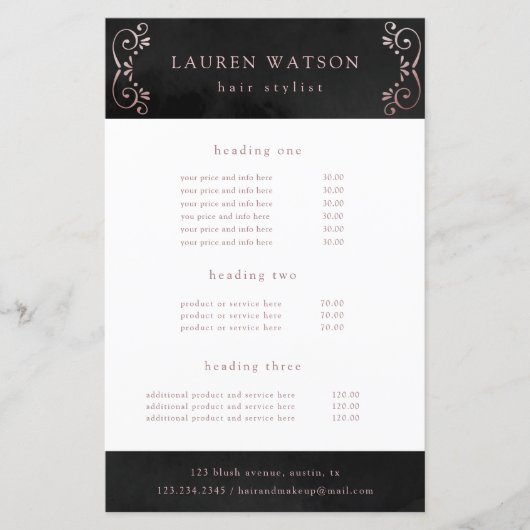 zwart zijden roze gouden service- en prijzenfolder (Voorkant)