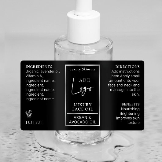 Zwart Zilver 1 OZ 30ml Flesje Huidverzorging Water Labels