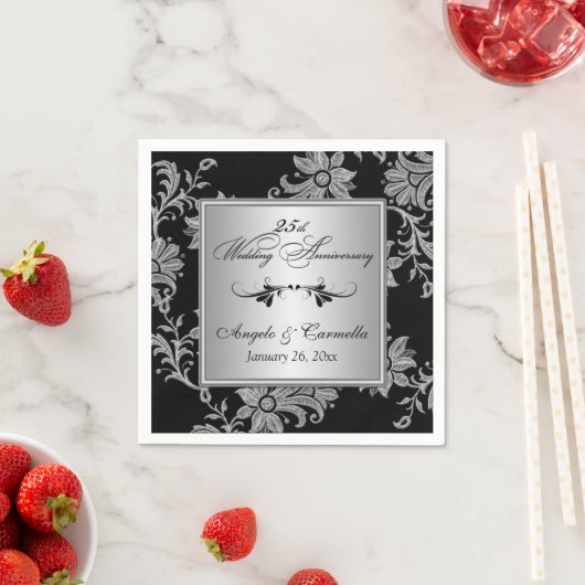 Zwart, Zilver 25e bruiloft Jubileum servetten (Insitu)