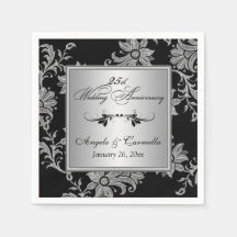 Zwart, Zilver 25e bruiloft Jubileum servetten