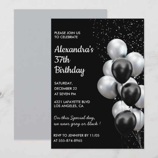 Zwart Zilver 37e verjaardag Uitnodigingen Ballonne (Voorkant / Achterkant)