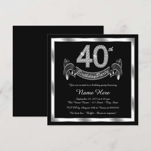 Zwart Zilver 40ste Verjaardagsfeest Kaart (Voorkant / Achterkant)