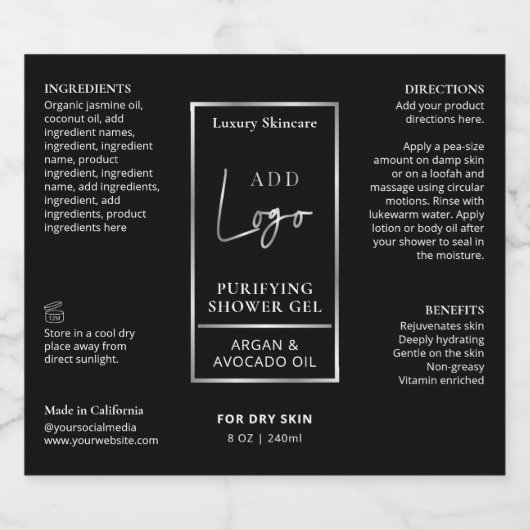 Zwart Zilver 8 OZ Cosmetische Fles Waterdicht Labe Sparkling Wijnetiket (Enkel label)