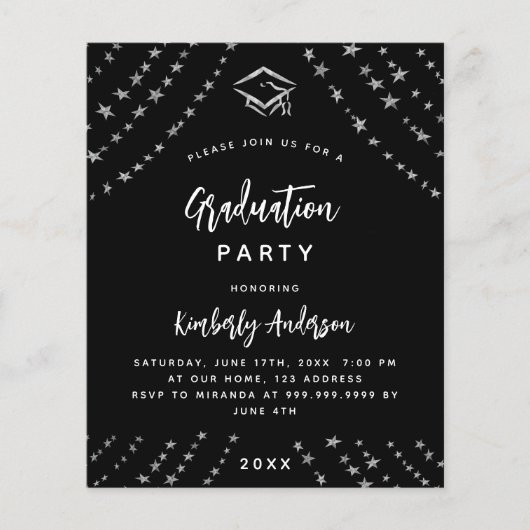 Zwart zilver afstuderen partij budget uitnodiging (Voorkant)