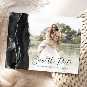Zwart Zilver Agat Aangepaste Foto Save the Date Briefkaart