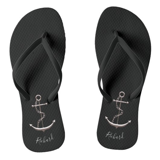 Zwart zilver anker jacht boot naam teenslippers (Voetbed)