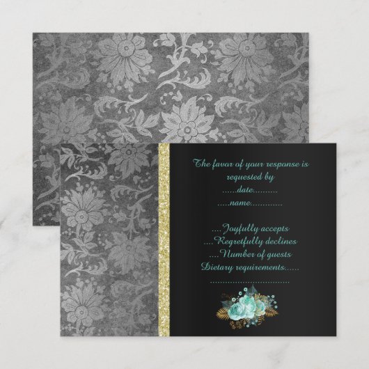 ZWART ZILVER AQUA BLOEMEN RSVP (Voorkant / Achterkant)