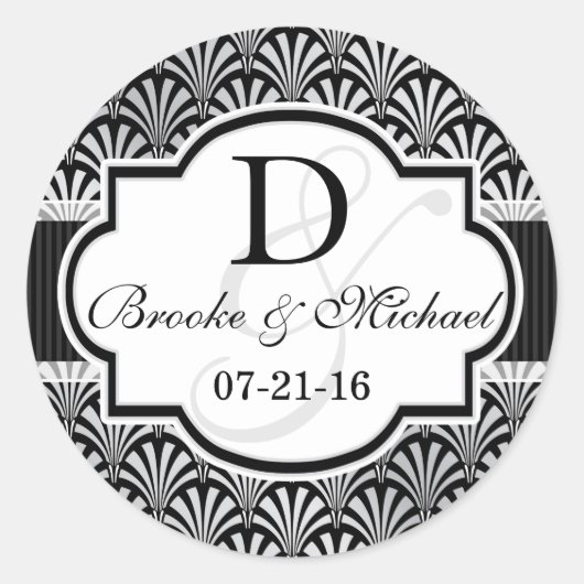 Zwart & Zilver  Art Deco Bruiloft Ronde Sticker (Voorkant)