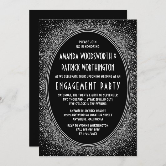 Zwart Zilver Art Deco Engagement Party Uitnodiging (Voorkant / Achterkant)