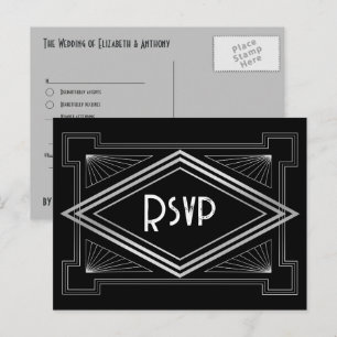 Zwart & Zilver Art Deco Gatsby-Geïnspireerd Huweli Briefkaart