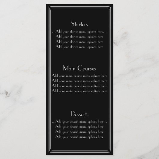 Zwart Zilver Art Deco Gatsby Style Wedding Menu (Achterkant)