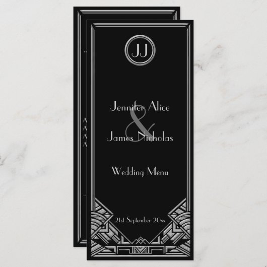 Zwart Zilver Art Deco Gatsby Style Wedding Menu (Voorkant / Achterkant)