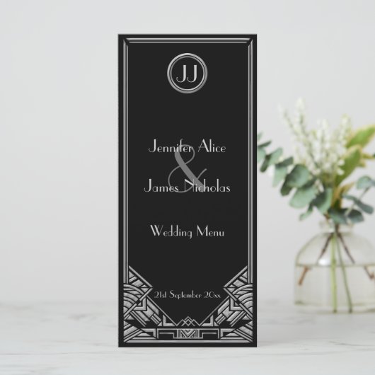 Zwart Zilver Art Deco Gatsby Style Wedding Menu (Staand voorkant)