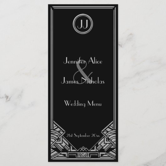 Zwart Zilver Art Deco Gatsby Style Wedding Menu (Voorkant)