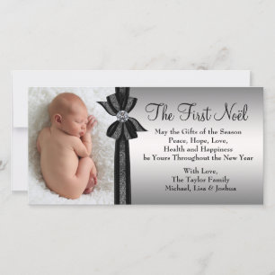 Zwart Zilver Baby's Eerste Kerstdag Fotokaart Feestdagenkaart
