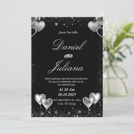 Zwart & Zilver Bewaar de datum Kaart (Staand voorkant)