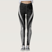 Zwart & Zilver Bloemen Damast Geometrisch Ontwerp Leggings (Voorkant)